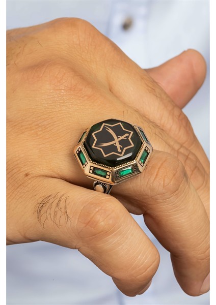 Özel Koleksiyon Yeşil Taşlı Çift Zülfikar Motifli Gümüş Erkek Yüzük fiyatları