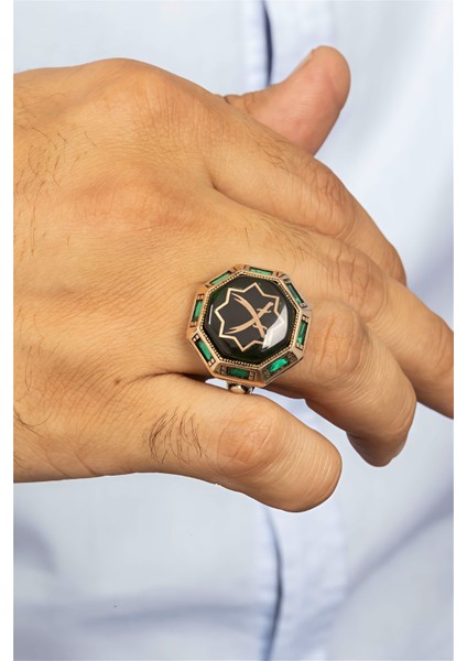 Özel Koleksiyon Yeşil Taşlı Çift Zülfikar Motifli Gümüş Erkek Yüzük modelleri
