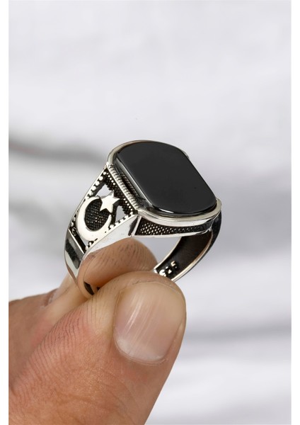 Ay Yıldız Motifli Oniks Gümüş Erkek Yüzük