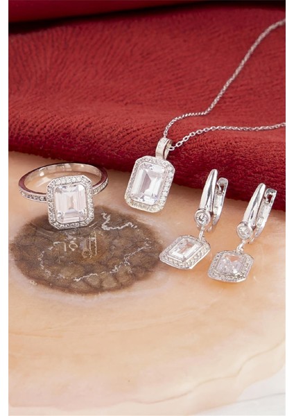 925 Ayar Gümüş Rodyumlu Baget Taşlı Sekizgen Bayan Takı Seti
