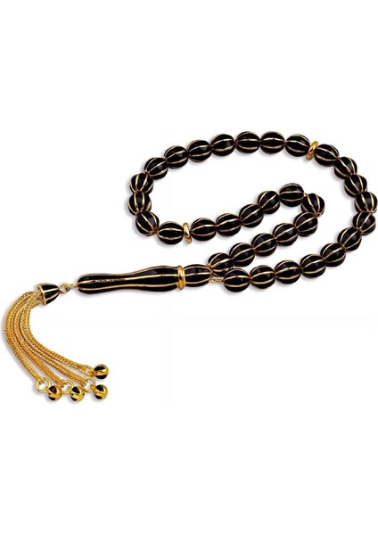 ​​Gümüş Siyah Mineli Altın Renk Tesbih