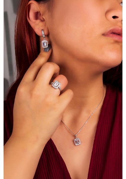 925 Ayar Gümüş Rodyumlu Baget Taşlı Bayan Takı Seti fiyatları