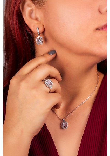 925 Ayar Gümüş Rodyumlu Triple Zirkon Süslemeli Baget Bayan Takı Seti fiyatları