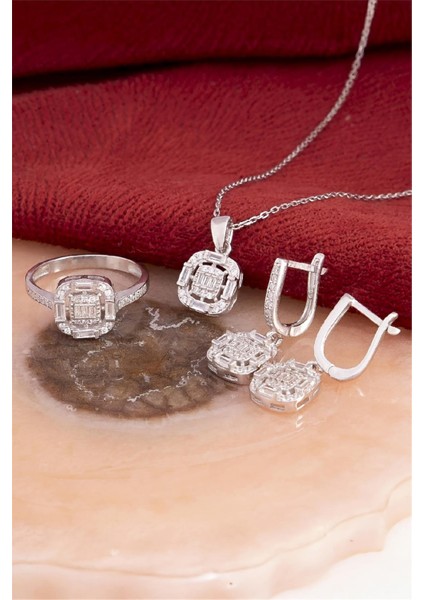 925 Ayar Gümüş Rodyumlu Zirkon Süslemeli Baget Bayan Takı Seti