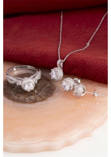 925 Ayar Gümüş Rodyumlu Full Zirkon Taşlı Yuvarlak Bayan Takı Seti