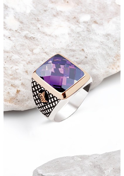 Gümüş Fasetli Ametist Taşlı Tuğralı Erkek Yüzük