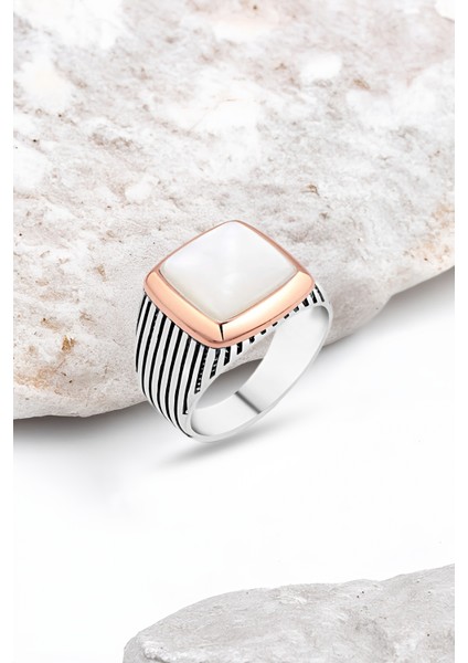 Düz Beyaz Onix Taşlı Gümüş Erkek Yüzük