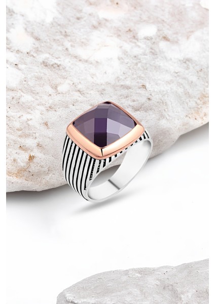 Kesme Ametist Taşlı Gümüş Erkek Yüzük