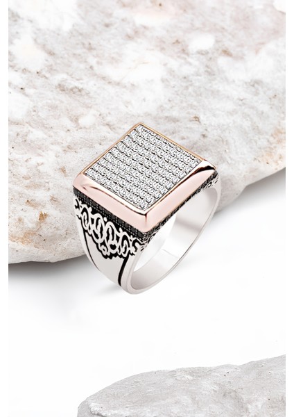 Gümüş Beyaz Zirkon Taşlı Motifli Erkek Yüzük