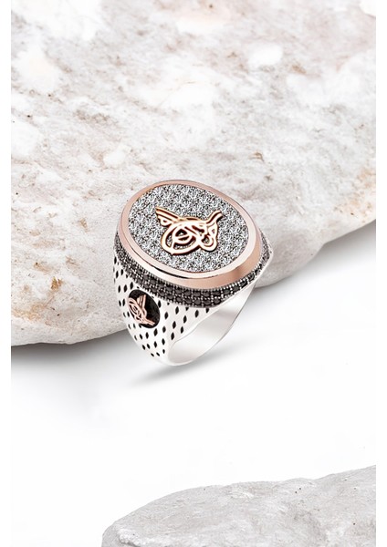 Gümüş Beyaz Zirkon Taşlı Osmanlı Tuğralı İşlemeli Erkek Yüzük