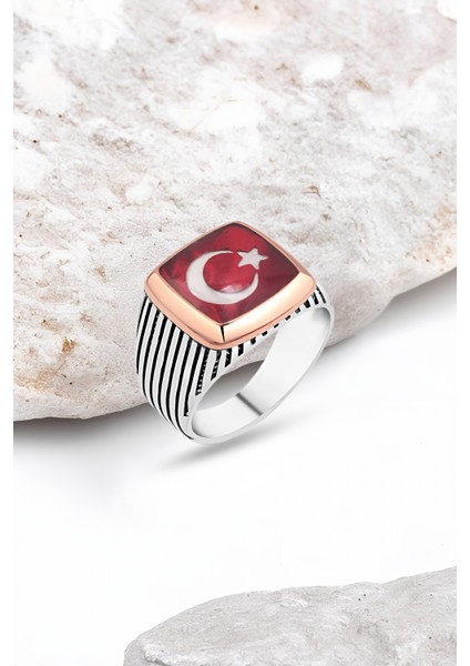 Mineli Türk Bayraklı Gümüş Erkek Yüzük