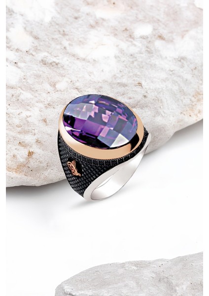 Gümüş Ametist Taşlı Osmanlı Tuğralı İşlemeli Erkek Yüzük