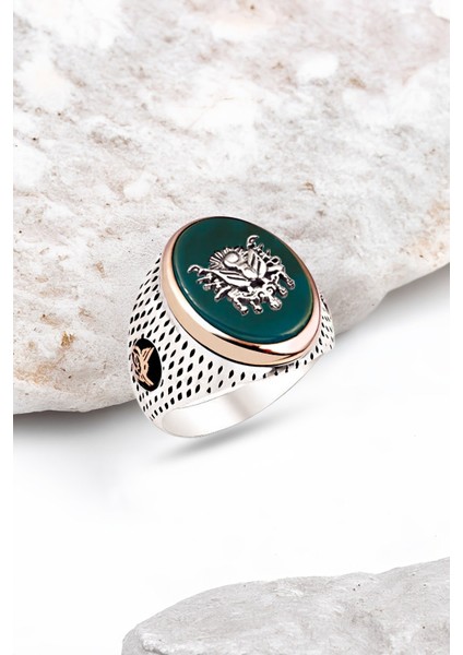 Gümüş Yeşil Akik Taşlı Osmanlı Tuğralı İşlemeli Erkek Yüzük