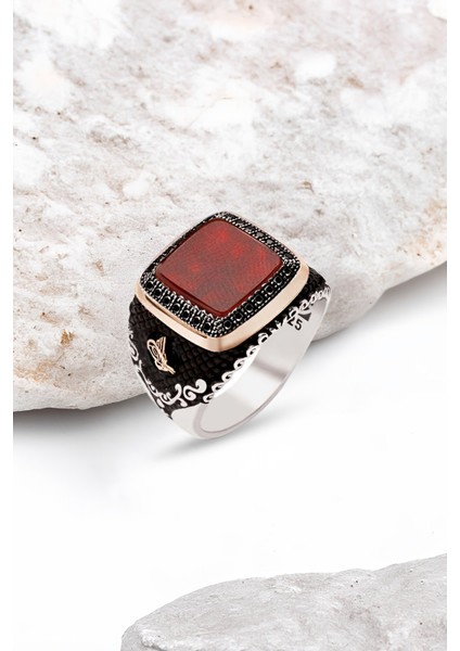 Gümüş Akik Taşlı İşlemeli Osmanlı Tuğralı Erkek Yüzük