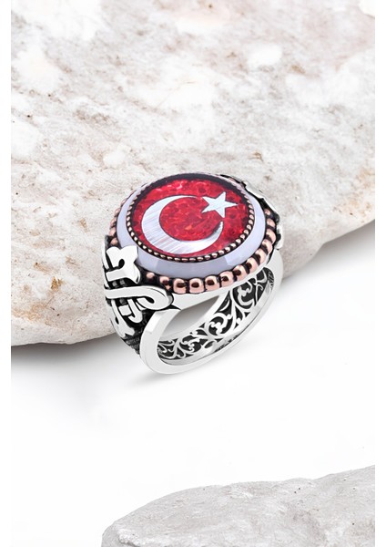 Mineli Türk Bayrağı Kenarı Çember Taşlı Gümüş Erkek Yüzük