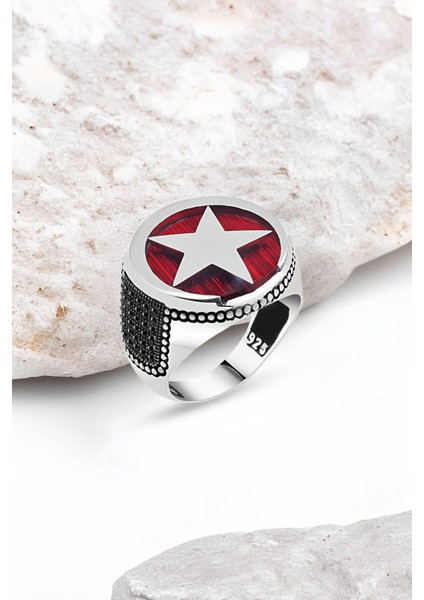 Zirkon Taşlı Mineli Ay-Yıldız Gümüş Erkek Yüzük