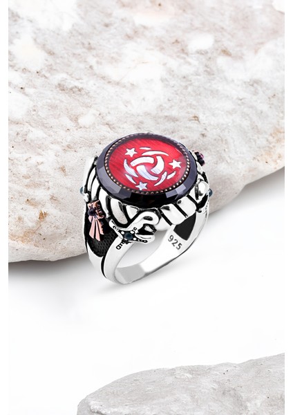 Ortası Mineli Teşkilat-I Mahsusa Kenarı Çember Taşlı Gümüş Erkek Yüzük