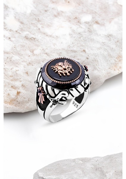 Ortası Onix Taş Üzeri Osmanlı Devlet Arması Gümüş Erkek Yüzük