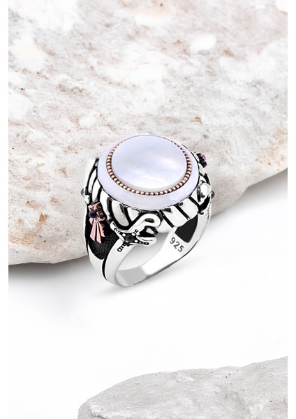 Ortası Düz Sedef Taş Kenarı Çember Taşlı Gümüş Erkek Yüzük