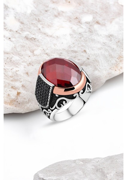 Kesme Kırmızı Zirkon Taşlı Gümüş Erkek Yüzük