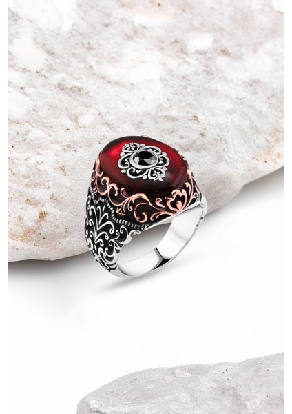 Sentetik Kehribar Gümüş Erkek Yüzük