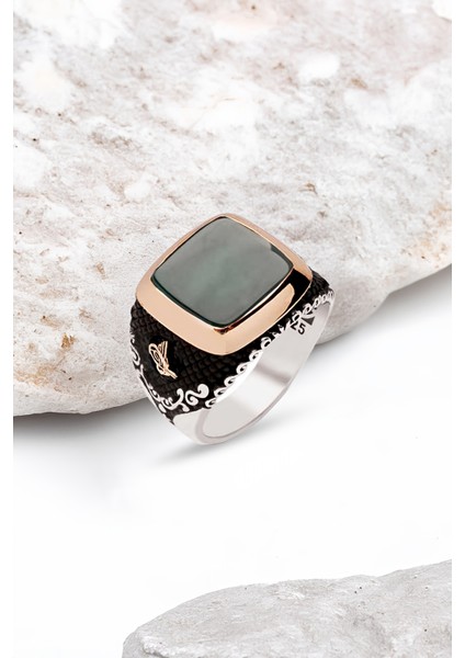 Gümüş Yeşil Akik Taşlı Yanları Osmanlı Tuğralı Motifli Erkek Yüzük