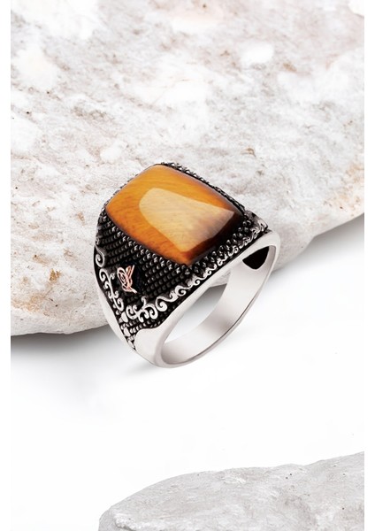 Gümüş Kaplan Gözü Taşlı Yanları Tuğralı Erkek Yüzük