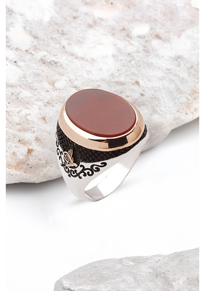 Gümüş Oval Kesim Akik Taşlı Yanları Tuğralı Erkek Yüzük