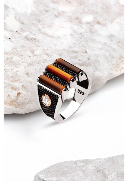 Gümüş 3 Parça Kaplan Gözü Taşlı Erkek Yüzük