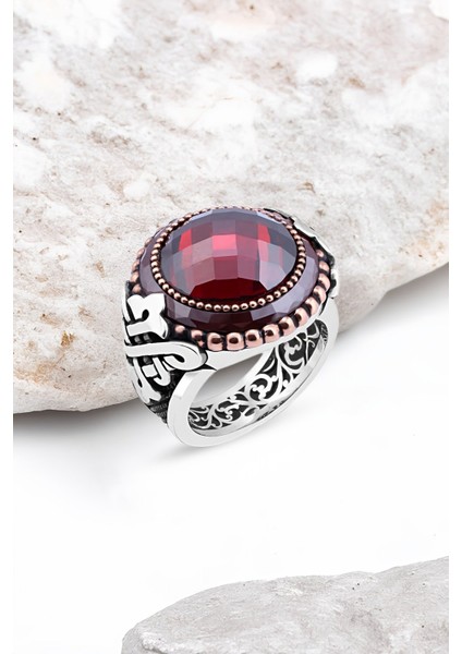 Kesme Kırmızı Zirkon Taşlı Kenarı Çember Taşlı Gümüş Erkek Yüzük