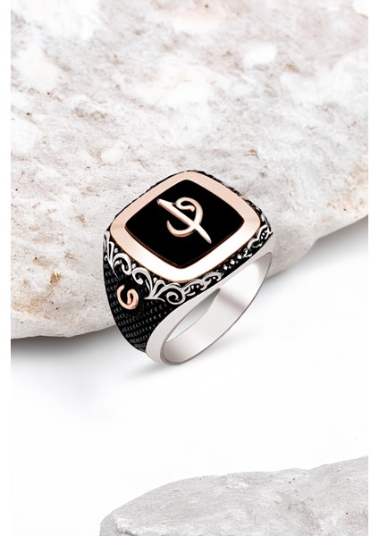Gümüş Onix Taşlı Elif Vav Erkek Yüzük