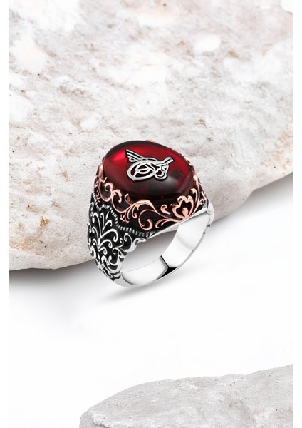 Sentetik Kehribar Üzeri Osmanlı Tuğralı Gümüş Erkek Yüzük