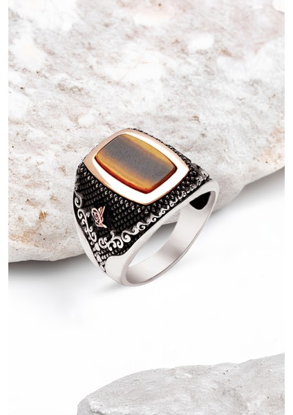 Gümüş Kaplan Gözü Taşlı Yanları Osmanlı Tuğralı Erkek Yüzük