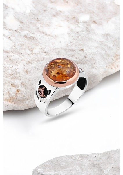 Sentetik Kehribar Gümüş Erkek Yüzük