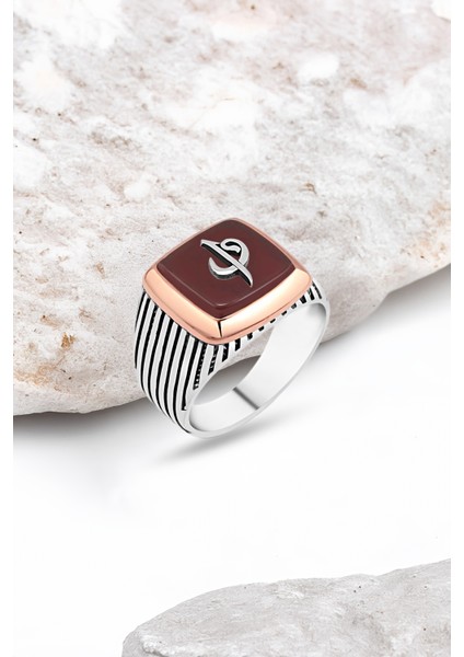 Akik Taş Üzeri Elif-Vav Gümüş Erkek Yüzük