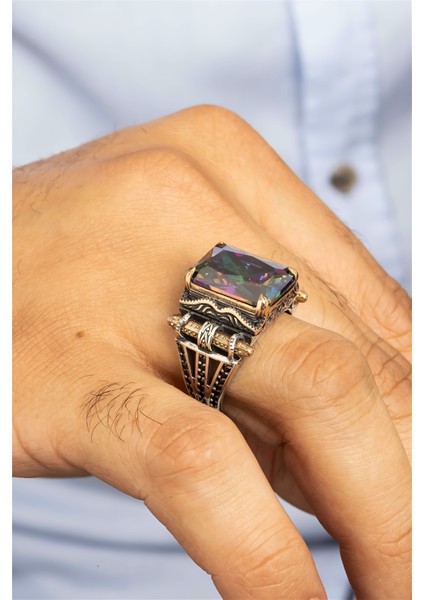 Mistik Topaz Taşlı Kafes Desenli Gümüş Erkek Yüzük fiyatları