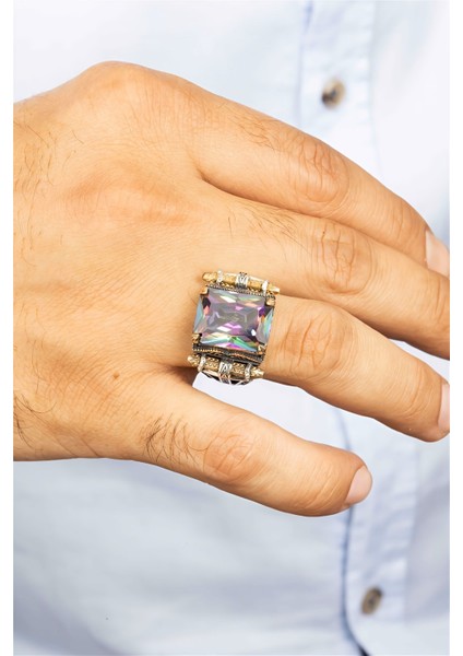 Mistik Topaz Taşlı Kafes Desenli Gümüş Erkek Yüzük modelleri