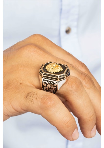 Aslan Figürlü Siyah Zirkon Taşlı Gümüş Erkek Yüzük fiyatları