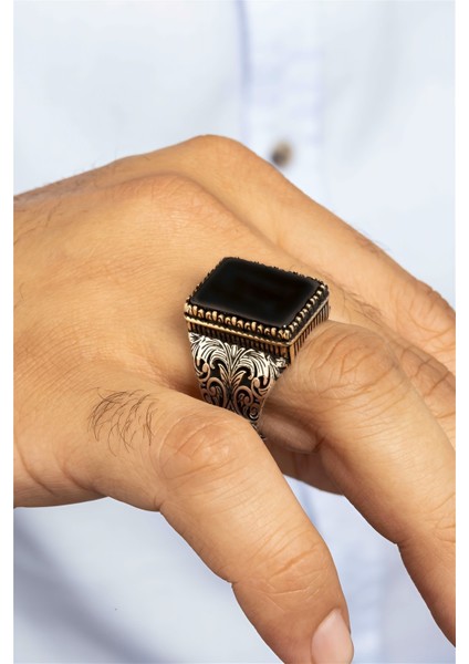 Kare Siyah Taşlı Otantik Gümüş Erkek Yüzük fiyatları