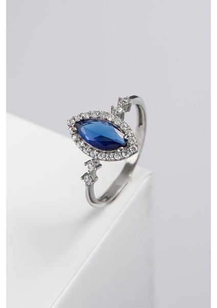 Parliement Mavisi Mekik Taşlı 925 Ayar Gümüş Bayan Yüzük