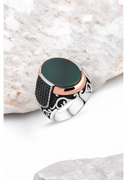 Düz Yeşil Akik Taşlı Gümüş Erkek Yüzük