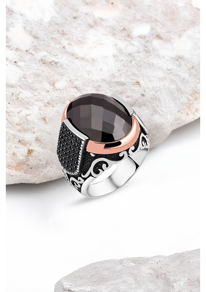 Kesme Siyah Zirkon Taşlı Gümüş Erkek Yüzük