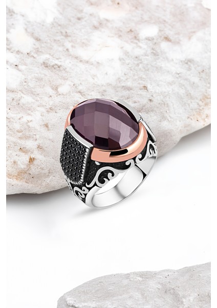 Kesme Ametist Taşlı Gümüş Erkek Yüzük
