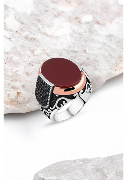 Düz Akik Taşlı Gümüş Erkek Yüzük