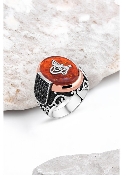 Sentetik Kehribar Tuğra Motifli Gümüş Erkek Yüzük