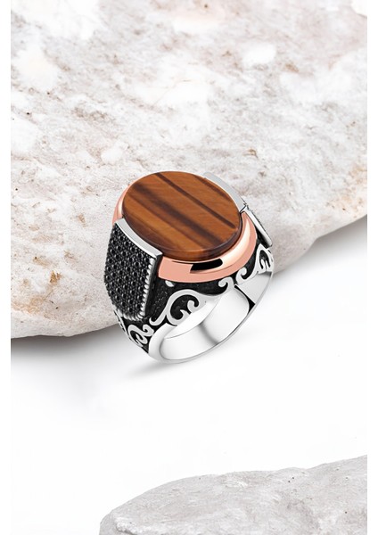 Düz Kaplan Gözü Taşlı Gümüş Erkek Yüzük