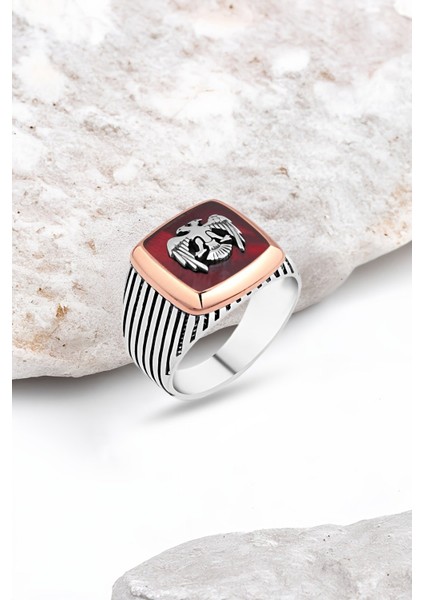 Ahşap Üstü Mineli Selçuklu Kartallı Gümüş Erkek Yüzük