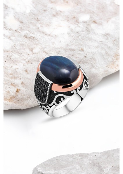 Mavi Kaplan Gözü Kapşonlu Gümüş Erkek Yüzük