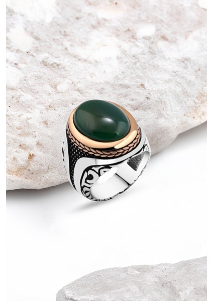 Yeşil Akik Taşlı Gümüş Erkek Yüzük