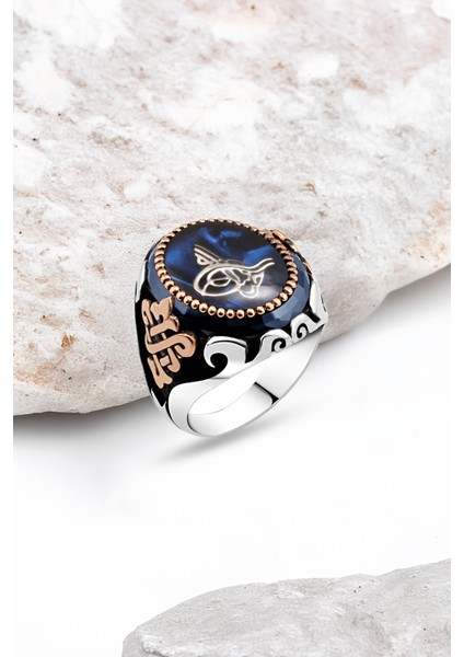 Mavi Mineli Osmanlı Tuğralı Gümüş Erkek Yüzük